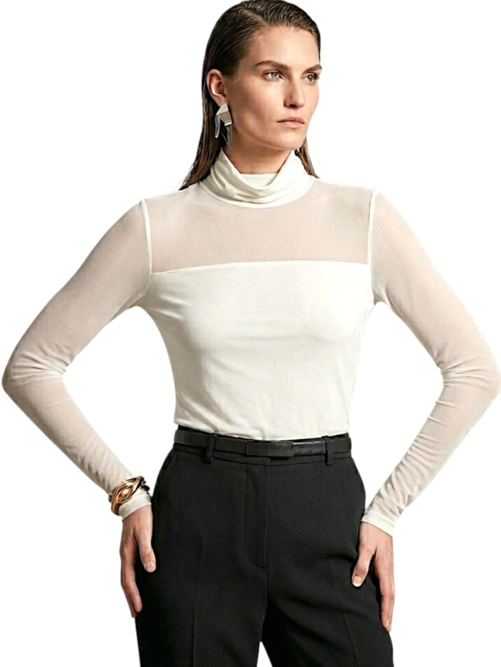 Patrizia Luca Italy cream illusion neckline sheer sleeves turtleneck top XL
